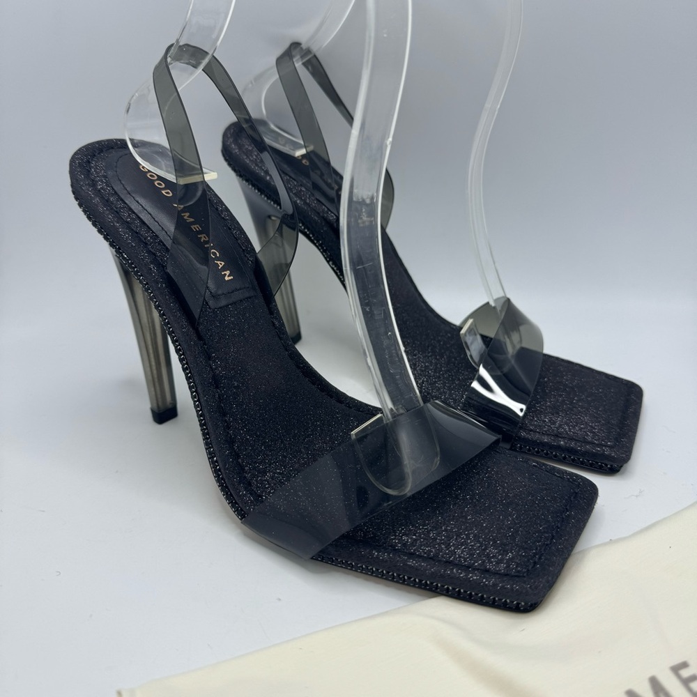 GOOD AMERICAN Black Crystal Crush Lucite Sandal Size 8.5 Black Glitter New - Picture 11 of 11